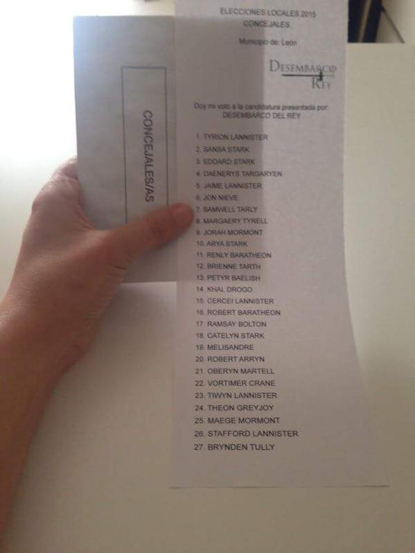 Vertele's tweet photo. #Eleccion2015 Voto nulo de una papeleta clonada con los personajes de 'Juego de tronos' http://t.co/QShXWPPVlC http://t.co/1KtImyHTQ9