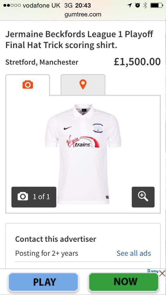101greatgoals's tweet photo. Woman accused of stealing Beckford's Preston shirt from a boy. Now it's for sale on Gumtree http://t.co/m3xdib74FR http://t.co/rs3KwjS6GX