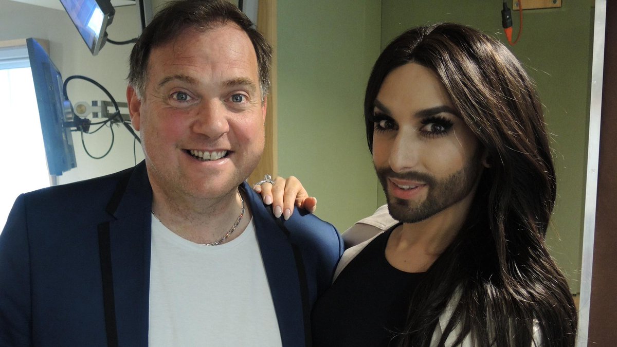 R2Eurovision's tweet photo. "There is enough time in high heels &amp; enough time in sneakers" @paddy_o_c meets @ConchitaWurst @bbceurovision http://t.co/gRI41bNwwn