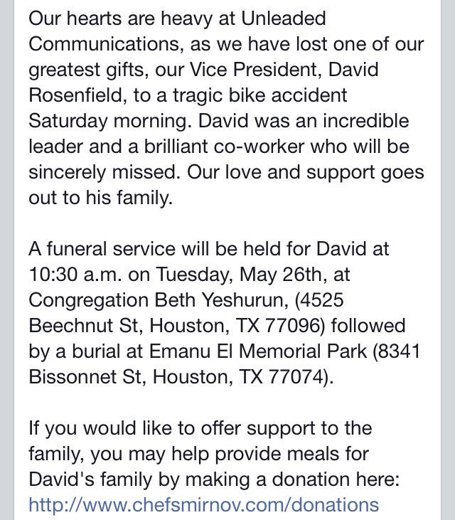 platinum_black_'s tweet image. This weekend we lost one of our greatest gifts, our Vice President, David Rosenfield, to a tragic bike accident.