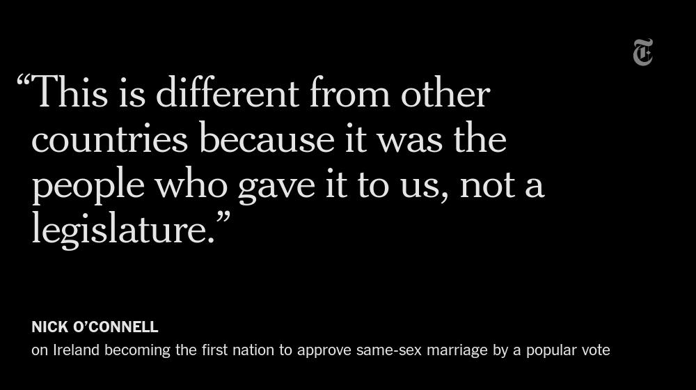 nytimes's tweet photo. Ireland's vote to approve gay marriage placed the country at the vanguard of social change http://t.co/htD2L29C35 http://t.co/yQ3tuAJzyg