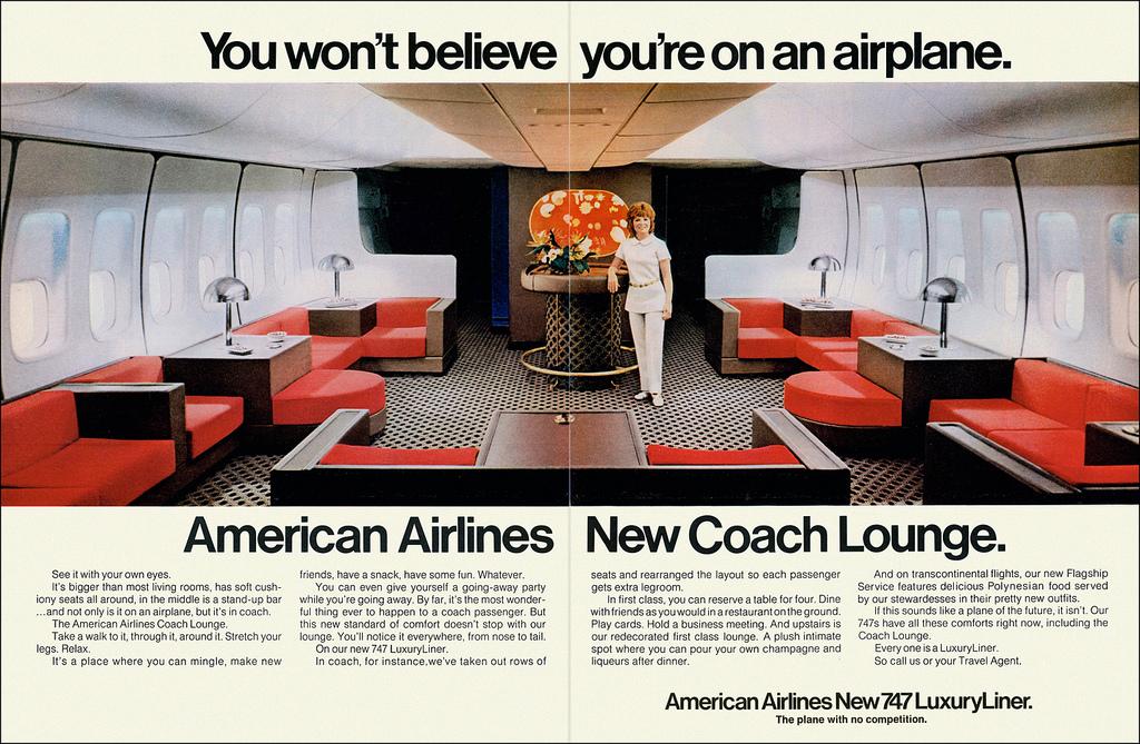 paulg's tweet image. Whoa, the American Airlines 747 Coach Lounge, circa 1970: