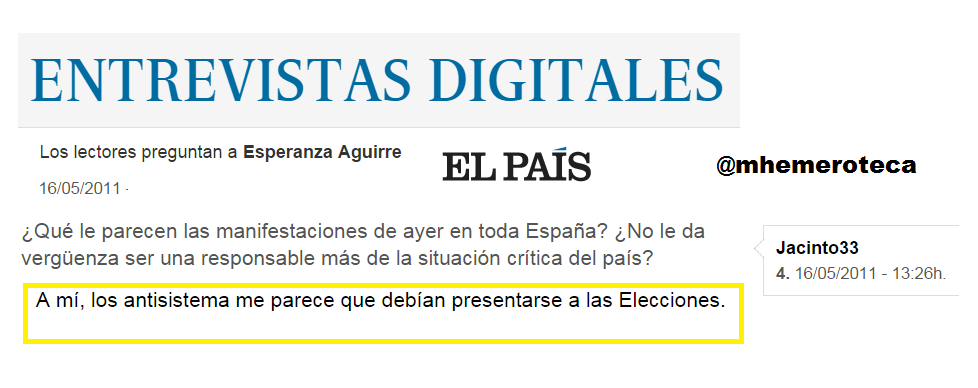 Mhemeroteca's tweet photo. Cuando el PP pedía al 15M que se presentara a elecciones
Aguirre, Cospedal..

+ en @eldiarioes
http://t.co/lo86pYrtfn http://t.co/l7i0glJiYV