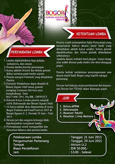Suka Desain? Ikuti Lomba Motif Batik Bogor 21/6/15, di atrium lt 2 <a href="/BotaniSquare/">Botani Square Mall</a>, Bogor. info: fb.me/23j6UyI5B