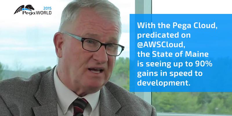 pega's tweet photo. State of Maine reduced time of blocked unemployment claims to 4 hrs from 40 days thanks to Pega @AWSCloud #PegaWORLD http://t.co/1zzSdOxG8l