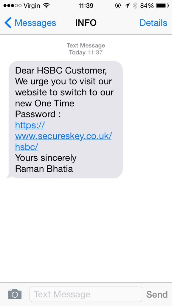 jonbradbury's tweet photo. New text scam to be wary of @hsbc_uk_help email variant had lot less convincing url http://t.co/VHykJKdRRI