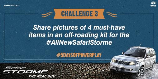 Tata_Safari's tweet photo. Complete Challenge 3 of #5DaysOfPowerPlay & win gift vouchers. #AllNewSafariStorme http://t.co/nRNqJgqdM4