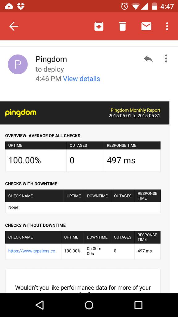 Monthly uptime report of <a href="/typelessco/">Typeless</a> . Going fast and strong. Awesome!! <a href="/iam_sudhanshu/">Sudhanshu Saxena</a> <a href="/mstephanblome/">Michael Stephanblome</a>