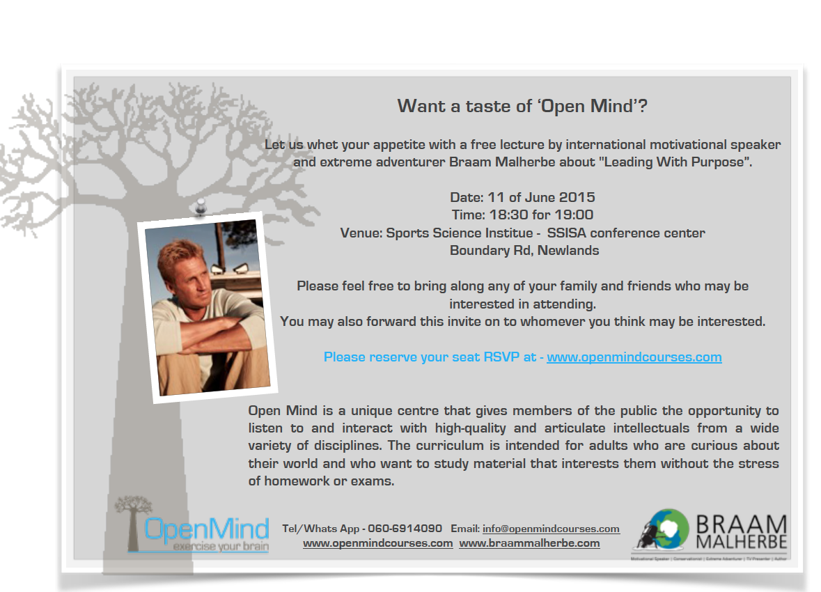 braammalherbe's tweet photo. Join me June 11th at the Sports Science Institute for a free motivational talk and intro to @OpenMindCourses #DOT http://t.co/yRrxVpjqr6