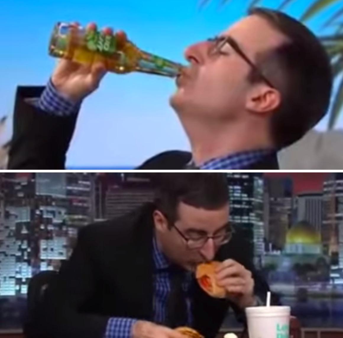 BleacherReport's tweet photo. VIDEO: John Oliver keeps promise about Sepp Blatter: Chugs Bud Light Lime &amp; eats McDonald’s http://t.co/ubM0YQD0cW http://t.co/s1NlxJ1b5e
