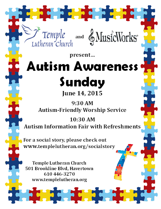 templelutheran's tweet photo. #AutismAwareness  Sunday is this weekend!  Thanks to @MusicWorksPA for helping out!  #autism #church http://t.co/lAhE4VgfqI