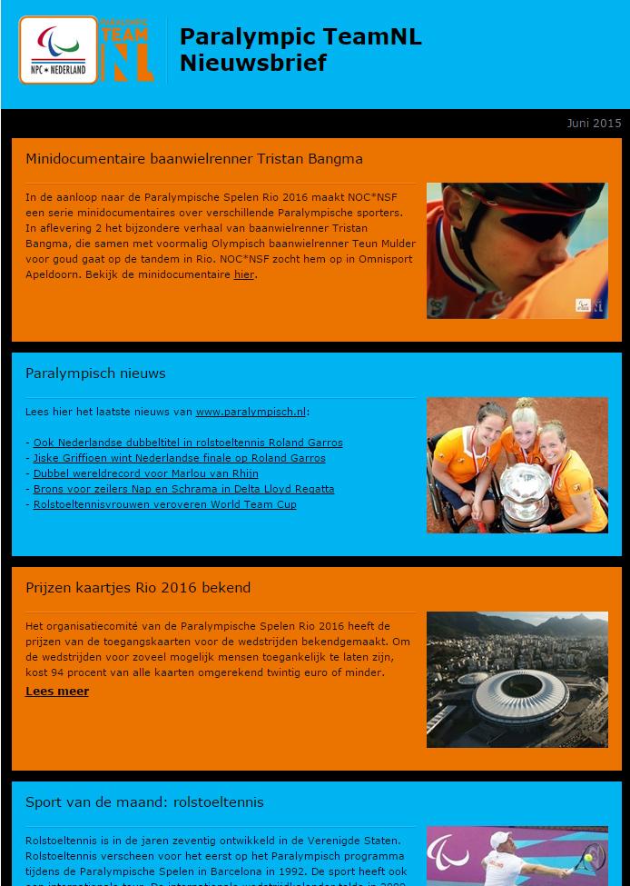 Volg de Paralympische sport via de Paralympic TeamNL Nieuwsbrief. Lees hier de juni-editie bit.ly/1KQ5kf6