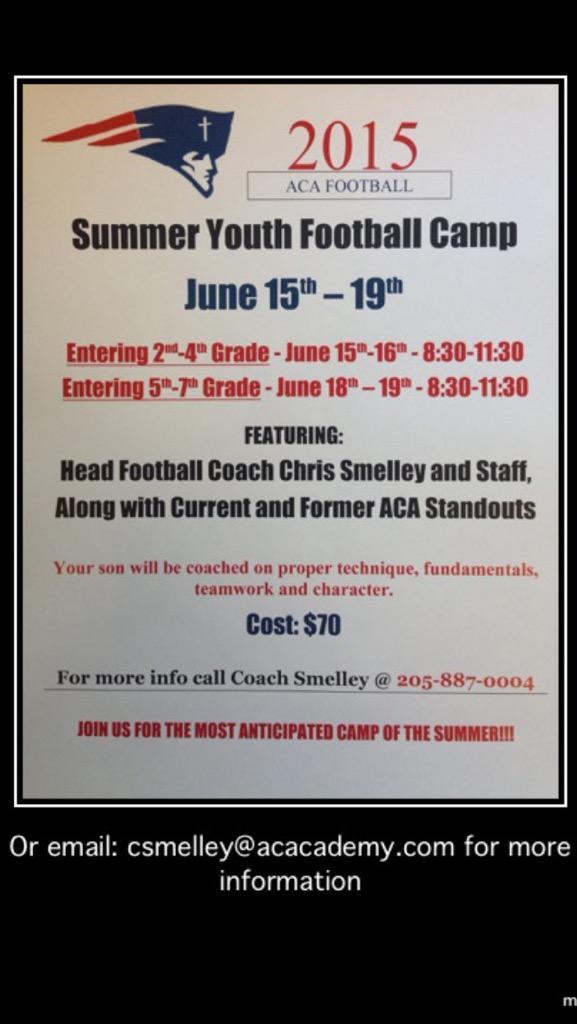 FOOTBALL CAMP!
Join us for our youth football camp at ACA! It's for kids from all schools!
Get registered today!