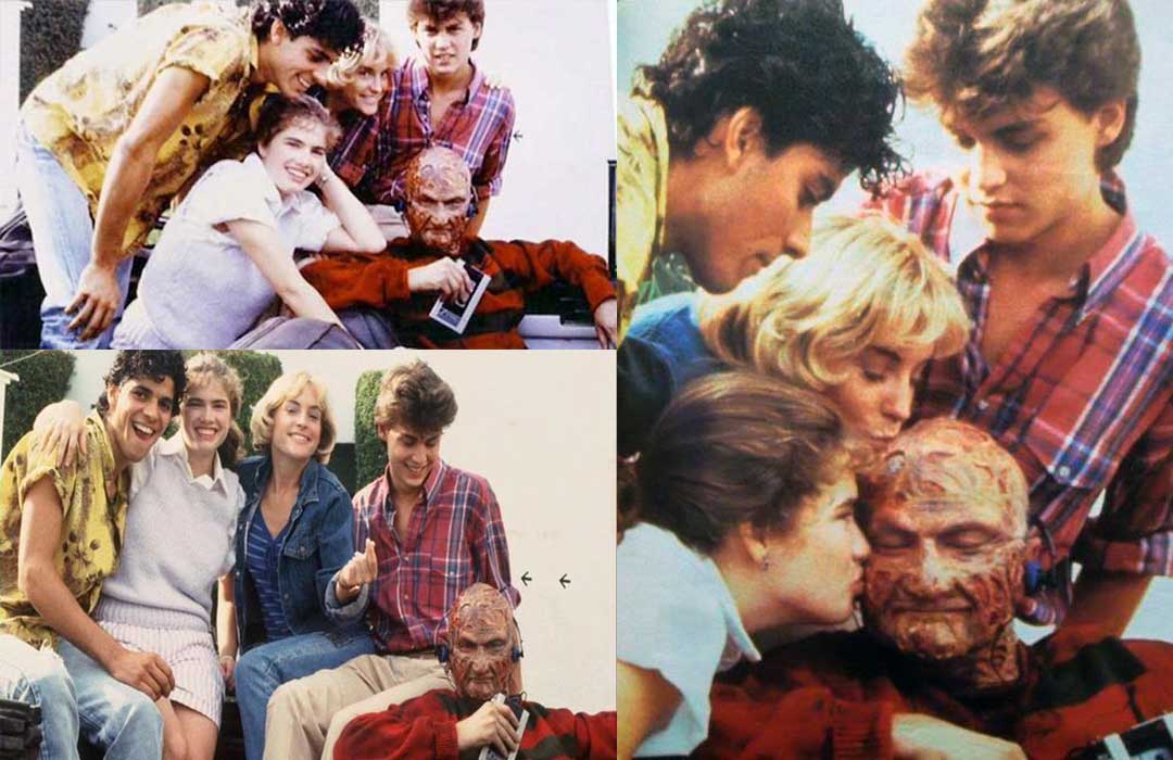 Nick Corri, Amanda Wyss, Johnny Depp, Heather Langenkamp and Robert Englund on the set of A Nightmare on Elm Street.