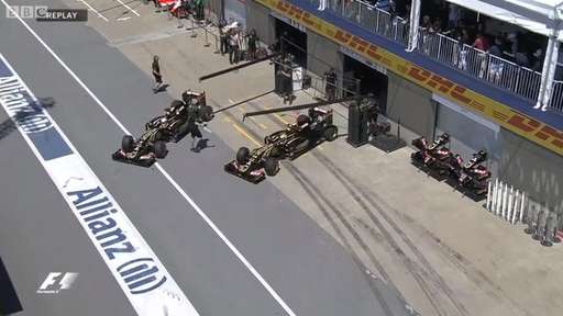 AnishQuest's tweet image. Lotus lets both cars out together they almost hit each other, then trundle down the pit lane side by side #CanadianGP