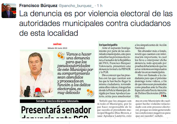 mitvwebmx's tweet photo. Denuncia @pancho_burquez_ ante @FEPADE a @rogeliodbr e @IsacApodaca por violencia electoral d autoridades de Cajeme http://t.co/fiWNUmBK97