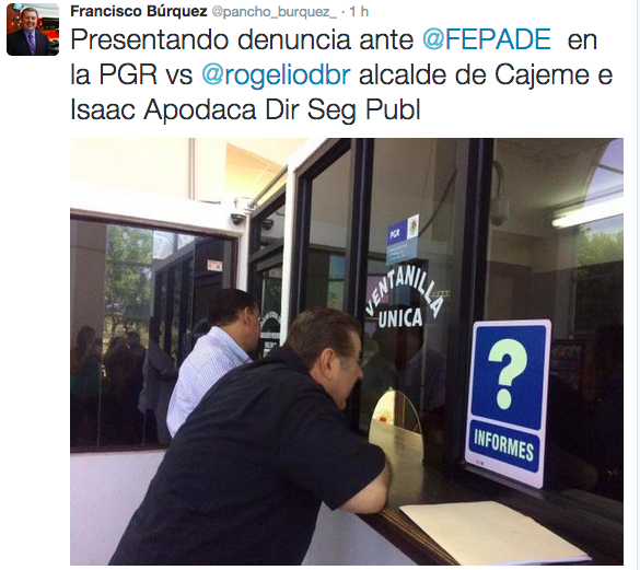mitvwebmx's tweet photo. Denuncia @pancho_burquez_ ante @FEPADE a @rogeliodbr e @IsacApodaca por violencia electoral d autoridades de Cajeme http://t.co/fiWNUmBK97