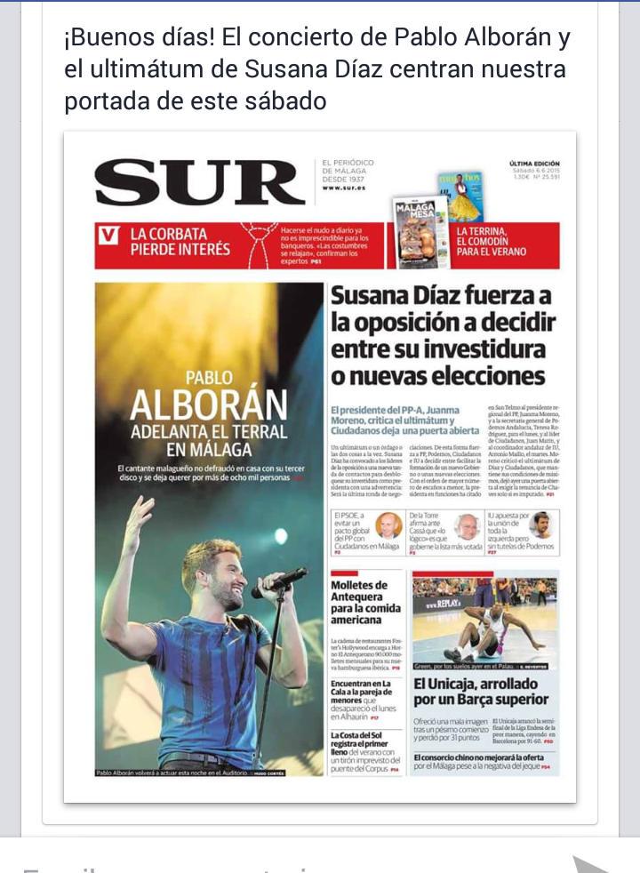 doalcarcarmen's tweet photo. Málaga #6junio  El concierto de @pabloalboran ,en foto destacada, centro las portadas de este Sábado!! #terralmalaga http://t.co/7C151En5ZS