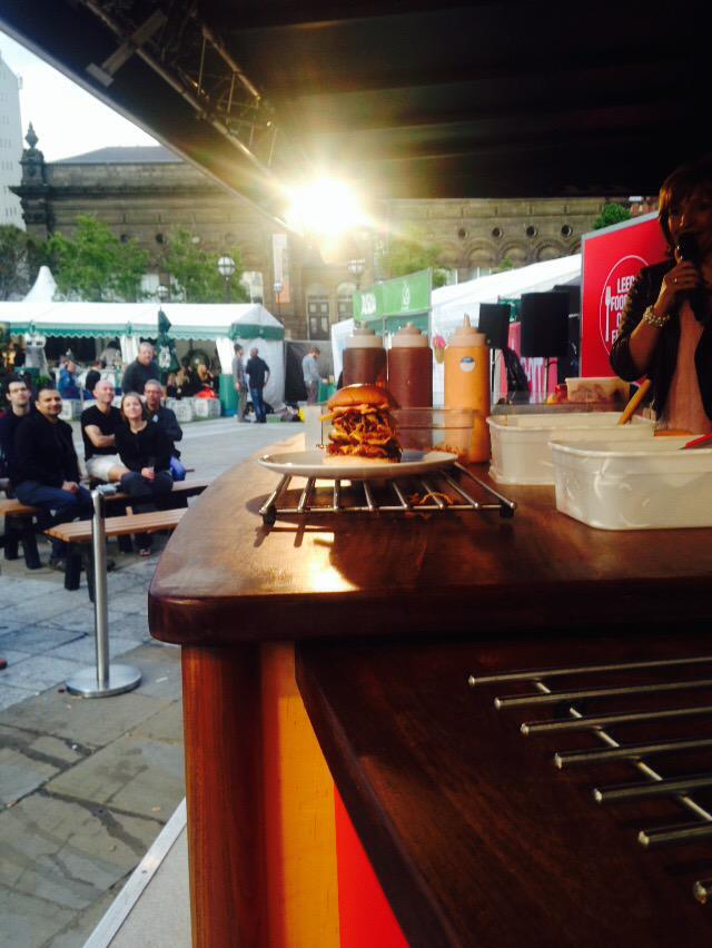 LeedsFoodFest's tweet photo. And the demo kitchen finishes with this fantastic burger by @AlmostFamousLDS #LFDF10 http://t.co/hWMnpArzX7