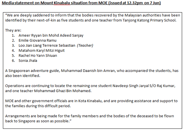 govsingapore's tweet photo. #SabahQuake 5 students, 1 teacher, and a Singaporean adventure guide have been identified by next-of-kin. http://t.co/9jKhF5ywsF