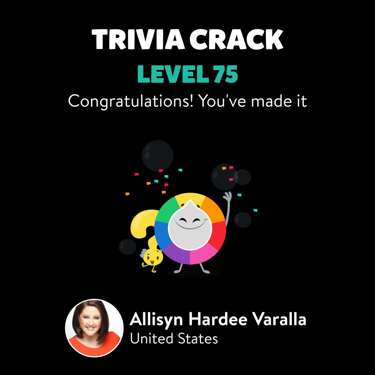 allisynvaralla's tweet photo. Allisyn Hardee Varalla just leveled up to Lv. 75 on Trivia Crack! http://t.co/Cyn3SW0t1A http://t.co/EwS15WruGM