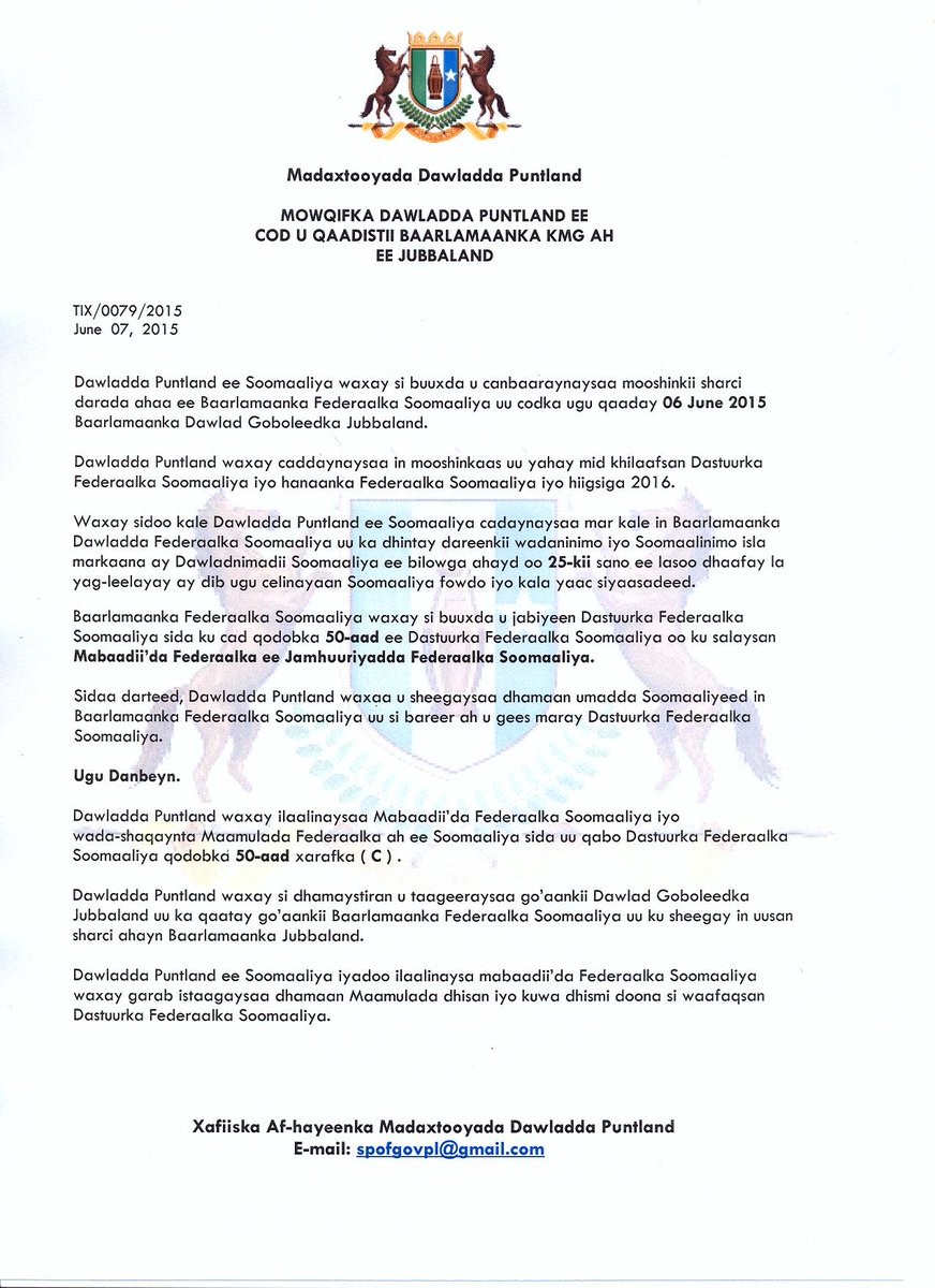 AKHRISO : Mowqifka Dawladda Puntland ee cod uqaadista baarlamanka Jubbaland raadraacnews.com/Raadraacnews/2…