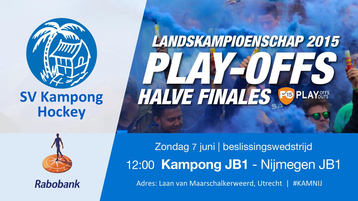 Om 12:00 #PO15 beslissingswedstrijd <a href="/kampongjb1/">Kampong JB1</a> - <a href="/NMHCJB1/">NMHCJB1</a> Winnaar gaat naar de landsfinale. Kom de boys aanmoedigen!