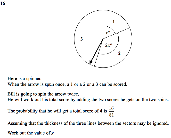 Maths_Master's tweet photo. Hannah’s sweets? See Bill’s spinner… Similar style of Q taken from current Edexcel sample paper for 9-1 #mathchat http://t.co/W69K9VXS1u
