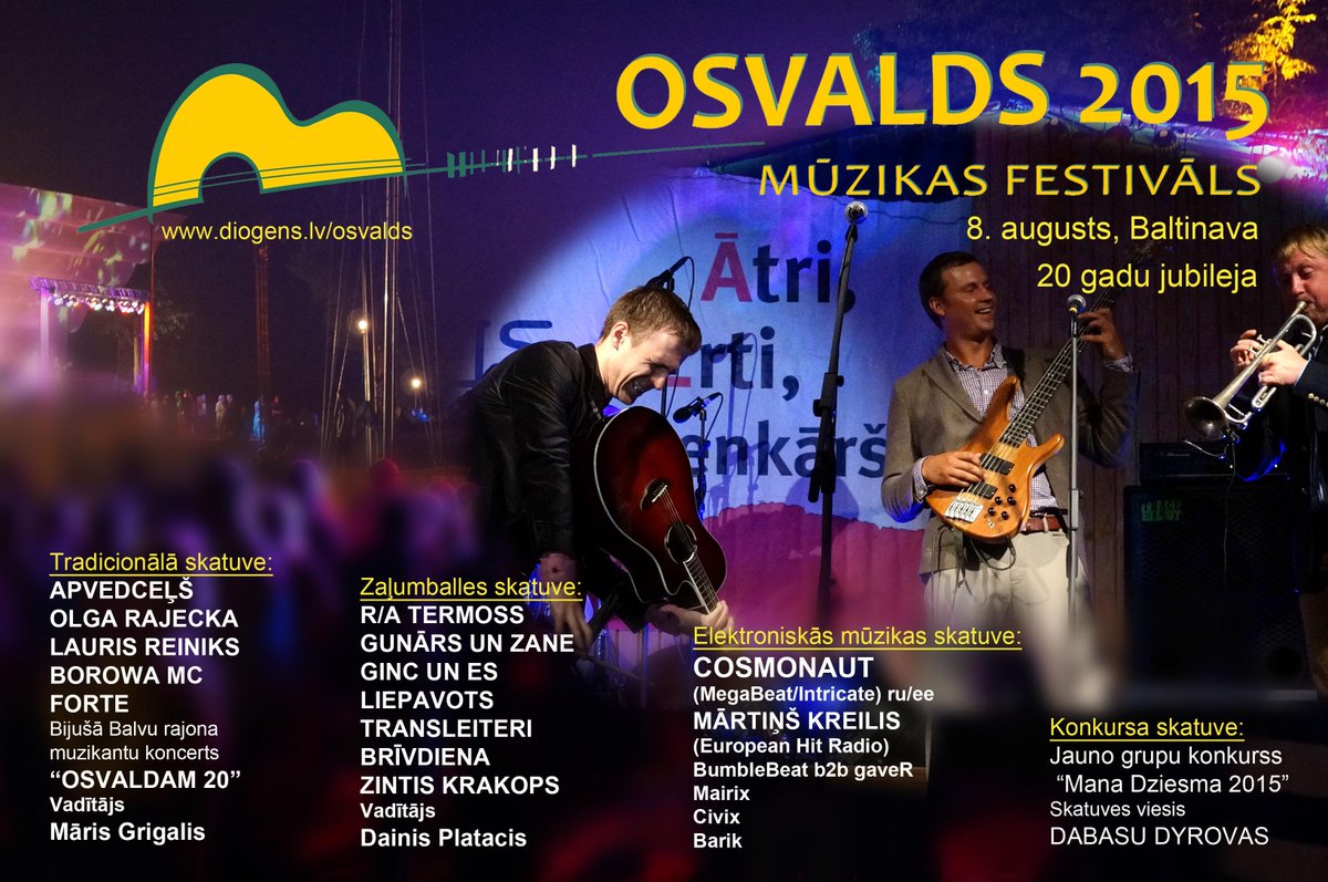 8. augustā, Baltinavā mūzikas festivālam "Osvalds"  20 gadu jubileja.  Sīkāk diogens.lv/osvalds