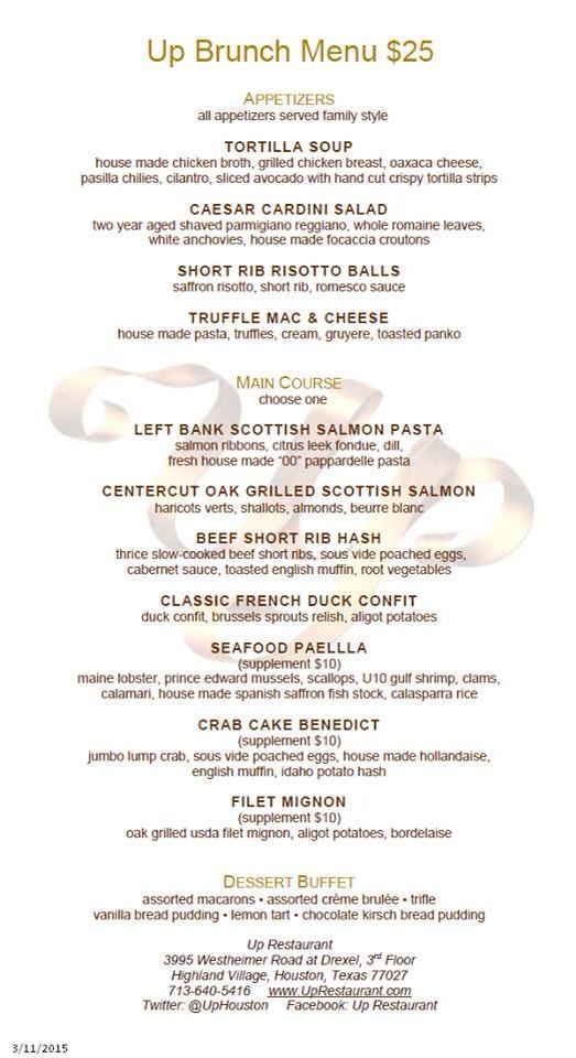 UpHouston's tweet image. It's a beautiful for Sunday brunch at Up! $25/3 courses. Hours: 10:30 AM to 2:30 PM. 713-640-5416. Highland Village.