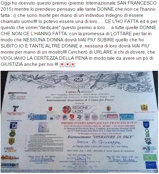 soniadigiuseppe's tweet photo. Questo premio è per TUTTE quelle DONNE che non ce l'hanno fatta e per tutte quelle DONNE che ancora SUBISCONO http://t.co/6C9yYnMyBw