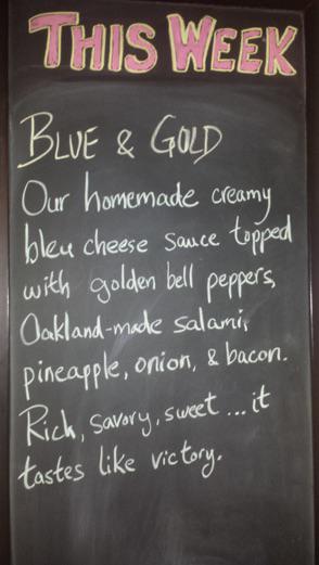crollspizza's tweet photo. New Pizza: Blue &amp; Gold- Tastes like VICTORY! Go @Warriors  !  #DubNation http://t.co/o3aYLRlyzI