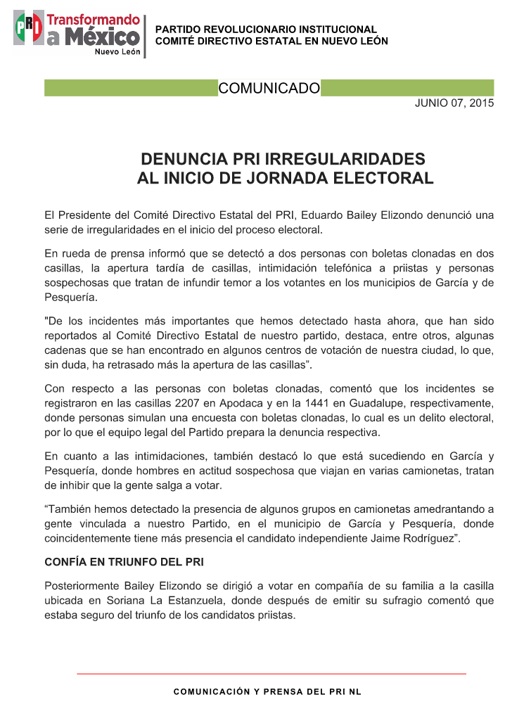 PRI_Nacional's tweet photo. El @PRI_NuevoLeon denuncia irregularidades al inicio de la jornada electoral. http://t.co/nNfG8VEdwE
