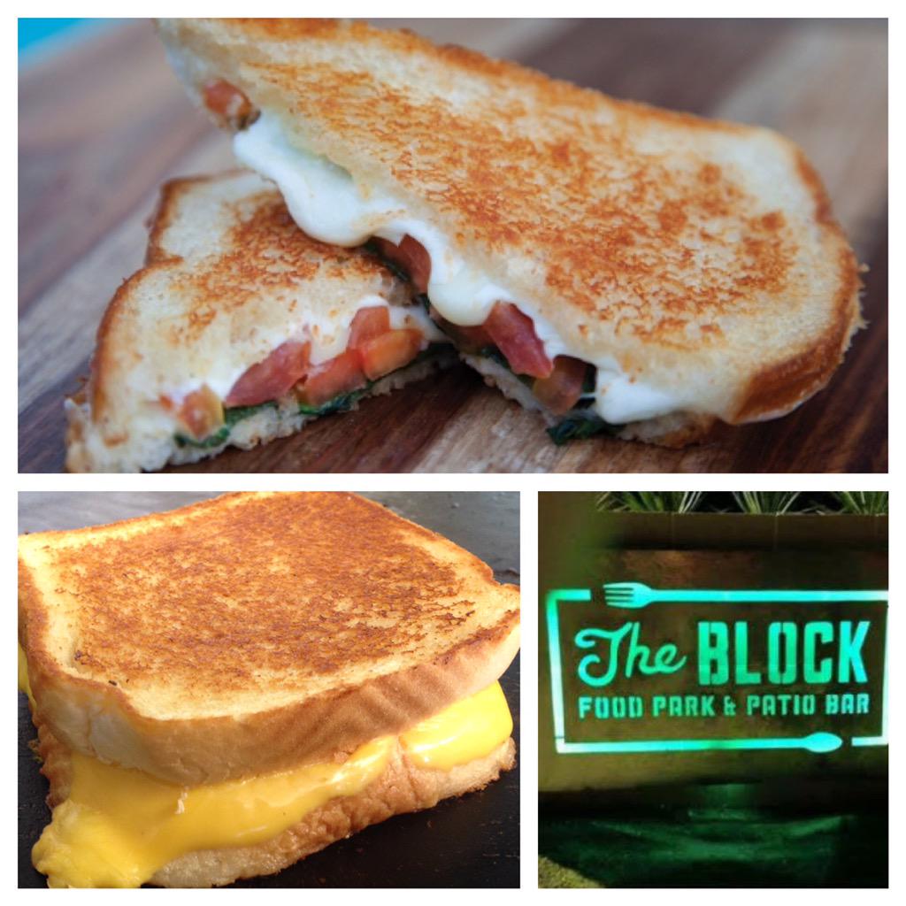 We're open at <a href="/TheBlockSA/">The Block SA</a> !  Why not a grilled cheese and beer for dinner?  #grilledcheese #satx #foodtruck