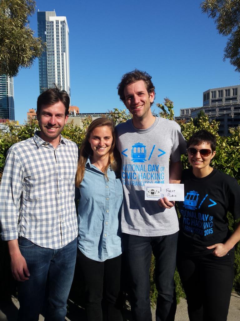 SFbrigade's tweet image. Winning the grand prize goes to #madewithopendata @iwsstuart @rossdakin @s_pease @DataSF !!!!!! #hackforchangeSF