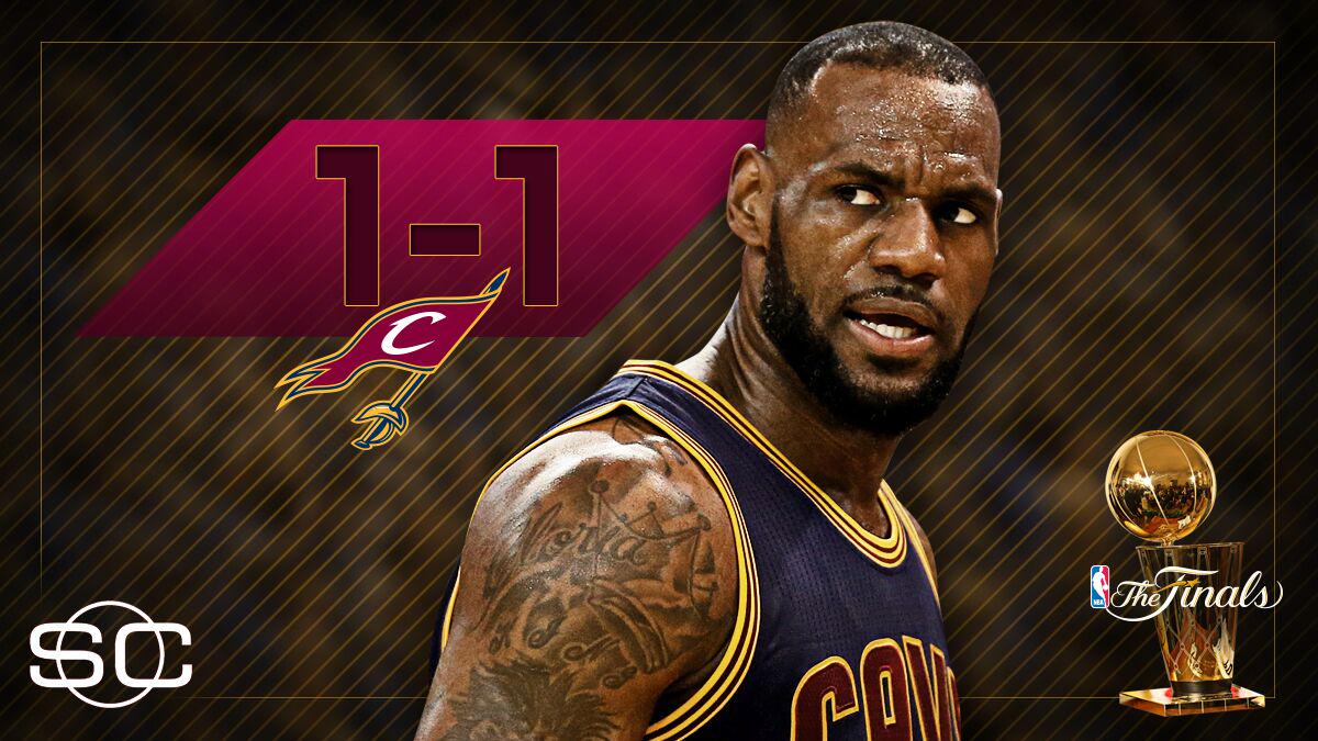 SportsCenter's tweet image. CAVS HANG ON! They even series vs Warriors w/ 95-93 OT win. LeBron James carries Cleveland w/ 39 Pts, 16 Reb, 11 Ast.