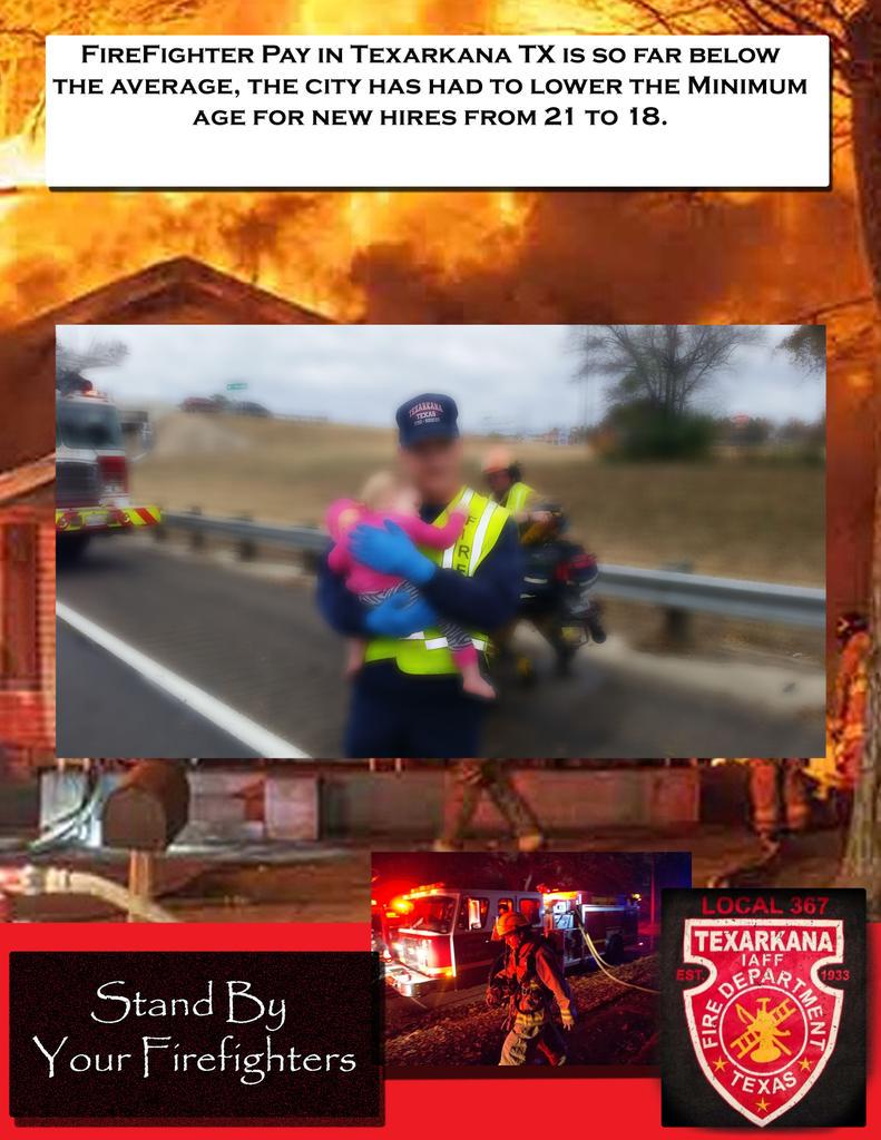 TTFFRG's tweet image. Texarkana Firefighters are payed 25 percent less than comparable cities/departments in Texas.