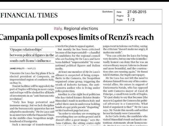 corrmezzogiorno's tweet photo. #Salerno Il @FinancialTimes: «In lista #DeLuca simpatizzante della #camorra» http://t.co/4ZtHiD04un #impresentabili http://t.co/HjW90Dz5Zu