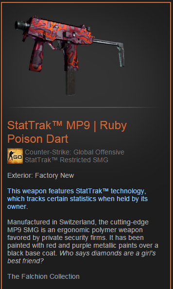 CSGOJackpotcom's tweet photo. NEW Falchion Case StatTrak™ MP9 | Ruby Poison Dart Factory New GIVEAWAY! RT+Follow for a chance to win! #CSGOJackpot http://t.co/yG8W5ScoFu