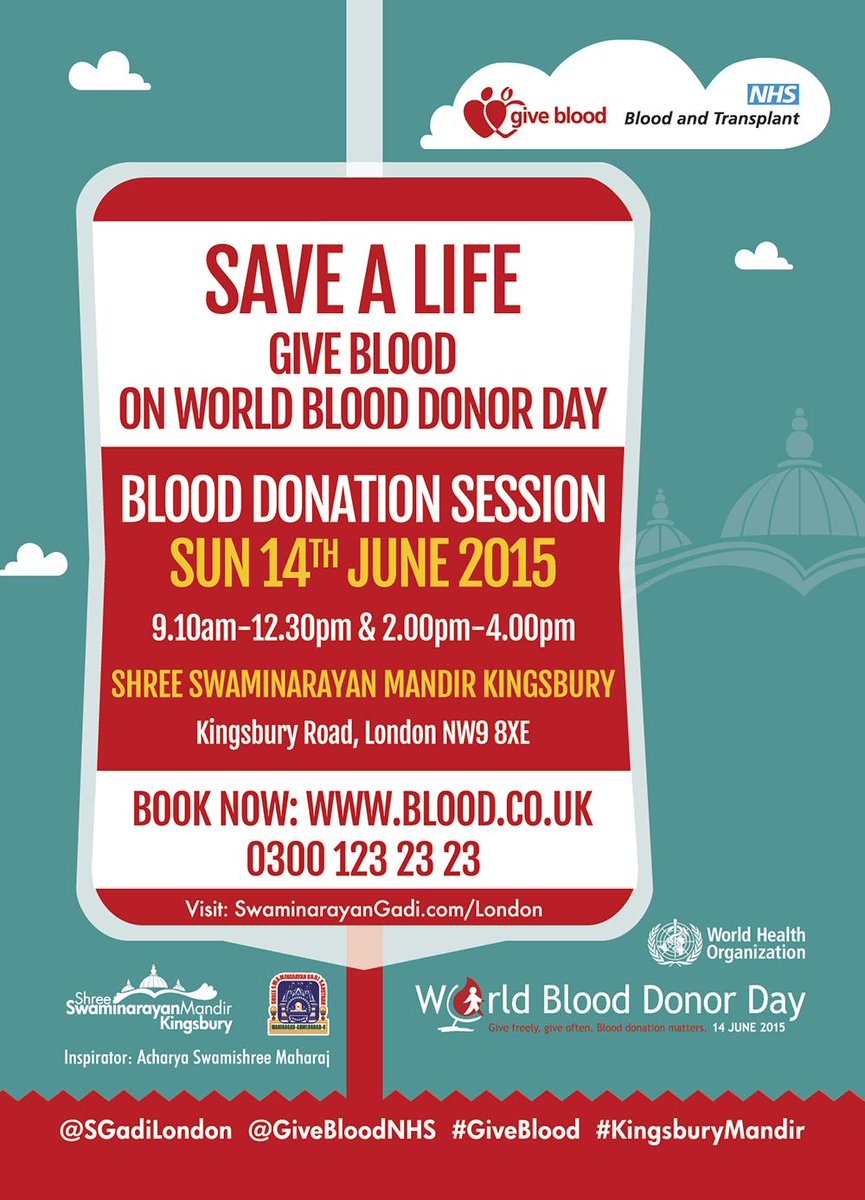 SKLPC_UK's tweet photo. Save a life - give blood on world blood donation day @ Shree Swaminarayan Mandir Kingsbury #GiveBlood http://t.co/1gvlhJF2Sk