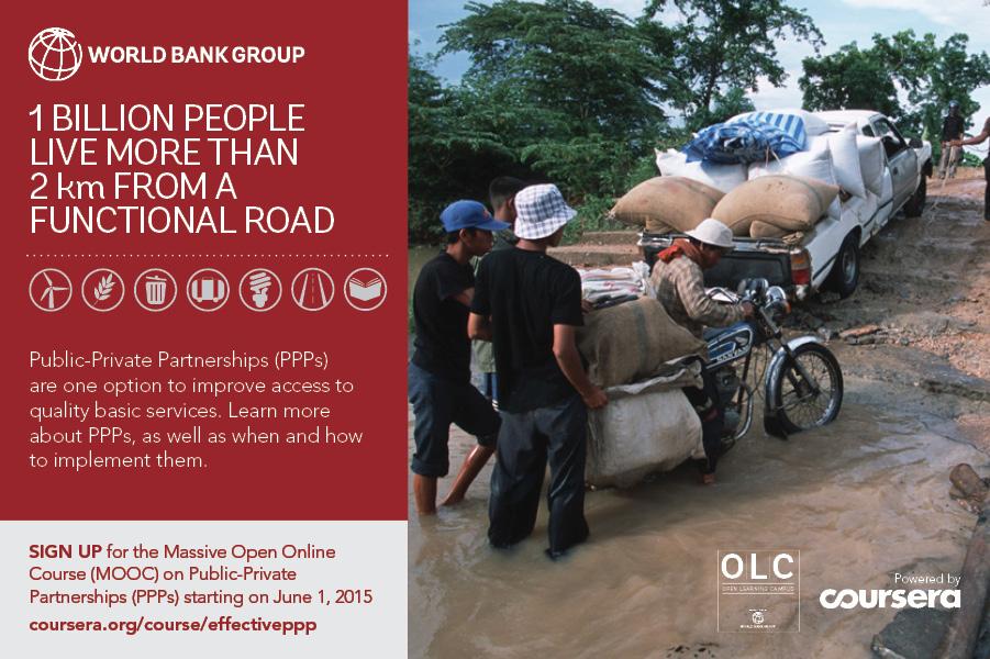 WorldBankGroup's tweet photo. Increased infrastructure. Improved service delivery. Free online course on #PPPs: http://t.co/IrCpdU5mgs   #PPPMOOC http://t.co/81Op5T6vee