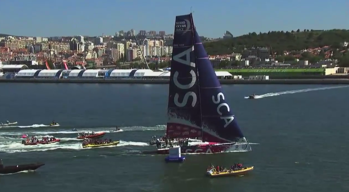theoceanrace's tweet photo. .@team_sca just crossed the finish line, and with that leg 7 is complete! #VOR http://t.co/RS7VWyWIKo