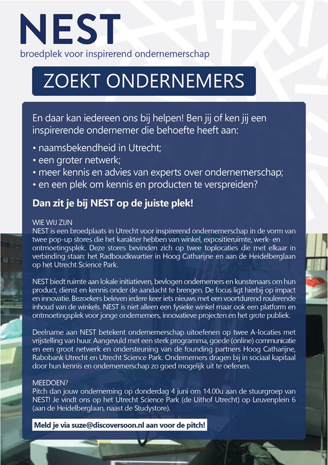 SOONUtrecht's tweet photo. @inhetNEST zoekt inspirerende ondernemers! Heb jij een gaaf product &amp; kun je nog wel wat hulp gebruiken? Meld je aan! http://t.co/Si4K5Q6hzm