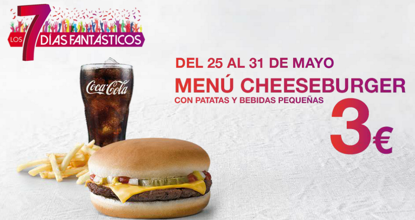 McDonalds_MB's tweet photo. Menú Cheeseburger con patatas y bebidas pequeñas por 3€.
¡Disfruta de esta fantástica oferta!
#7DíasFantásticos http://t.co/x24YJggrcg