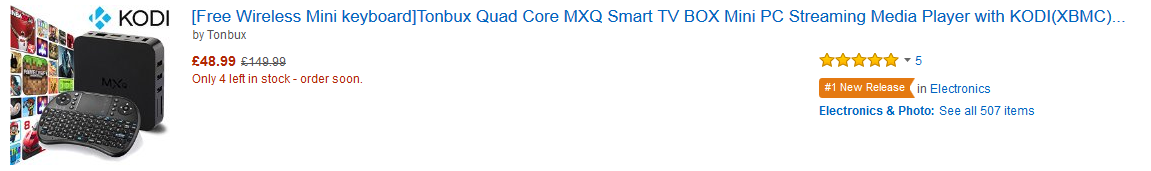 TonbuxUK's tweet photo. Wow, Tonbux Quad Core MXQ Smart TV BOX become #1 New Release on #Amazon http://t.co/OG5fgZnuMU