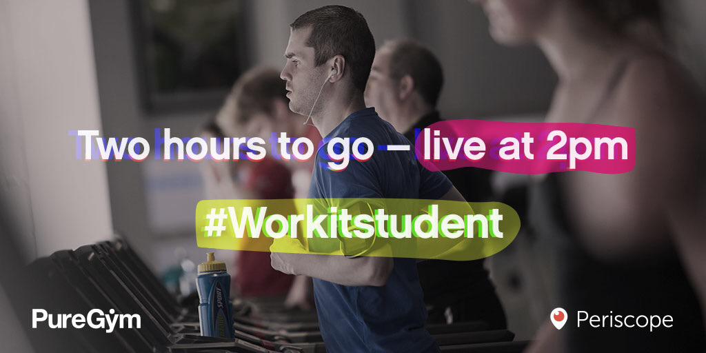 PureGym's tweet photo. Live on #Periscope today at 2pm. Get ready to sweat! #Workitstudent http://t.co/4xj7xgdDhb