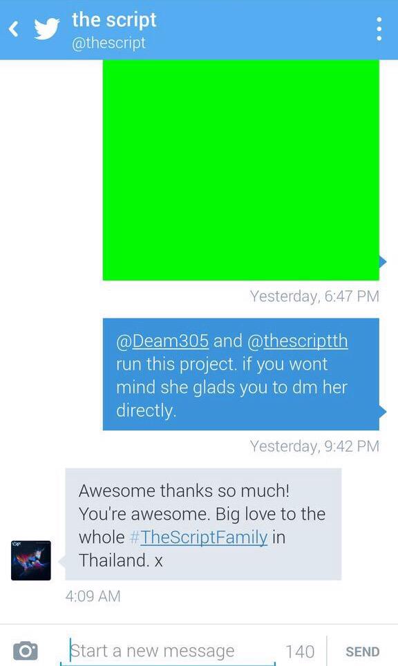 TheScriptTH's tweet photo. มาร์ค DM มาถาม @TheScript_TH ถึงโปรเจคภาพเขียว 😊
#thescriptthai #thaIrish #thescriptfamily http://t.co/roS8HWLtvT