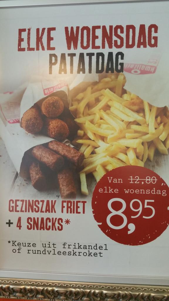 Het is weer woensdag! Elke woensdag gezinszak friet en 4 snacks. Keuze uit frikandel of rundvleeskroket  € 8,95.