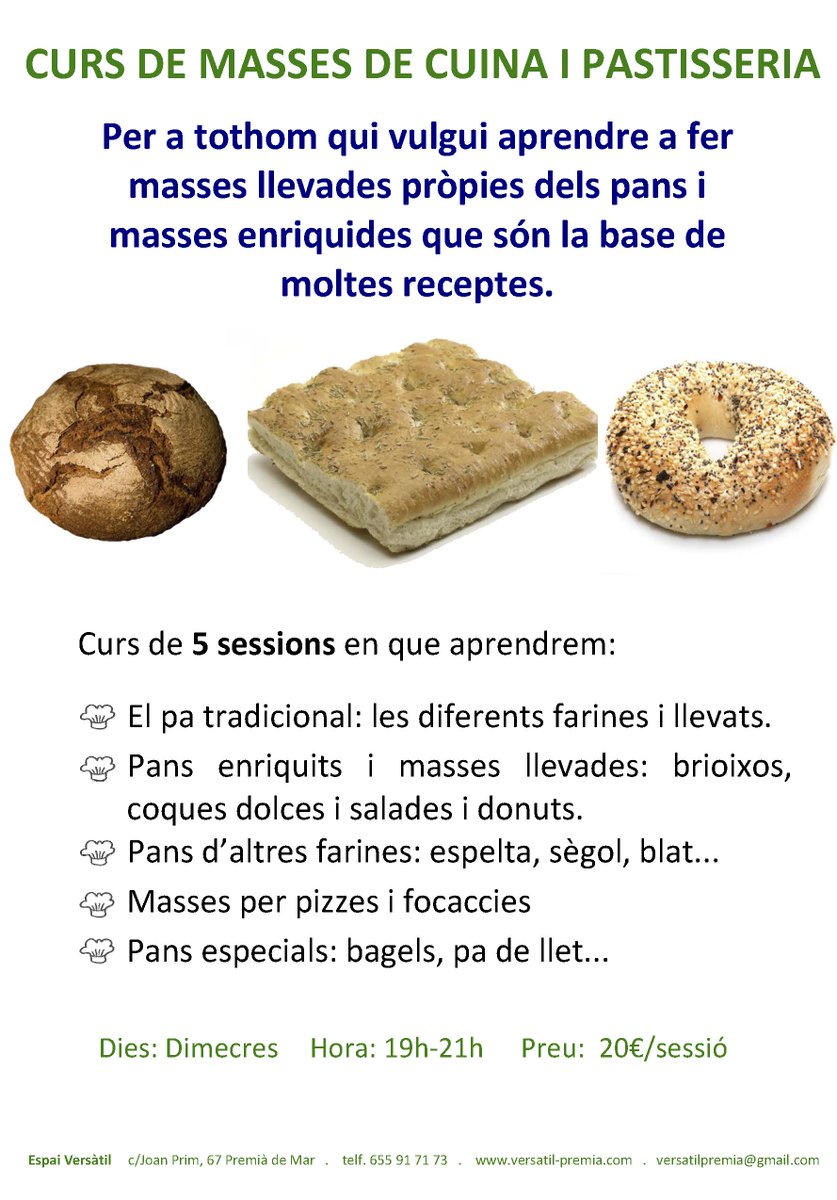 el_versatil's tweet photo. El juny comencem el curs de 5 sessions de masses de cuina i pastisseria! Apunteu-vos!
#pa #pastisseria http://t.co/7ixWTp4L3v