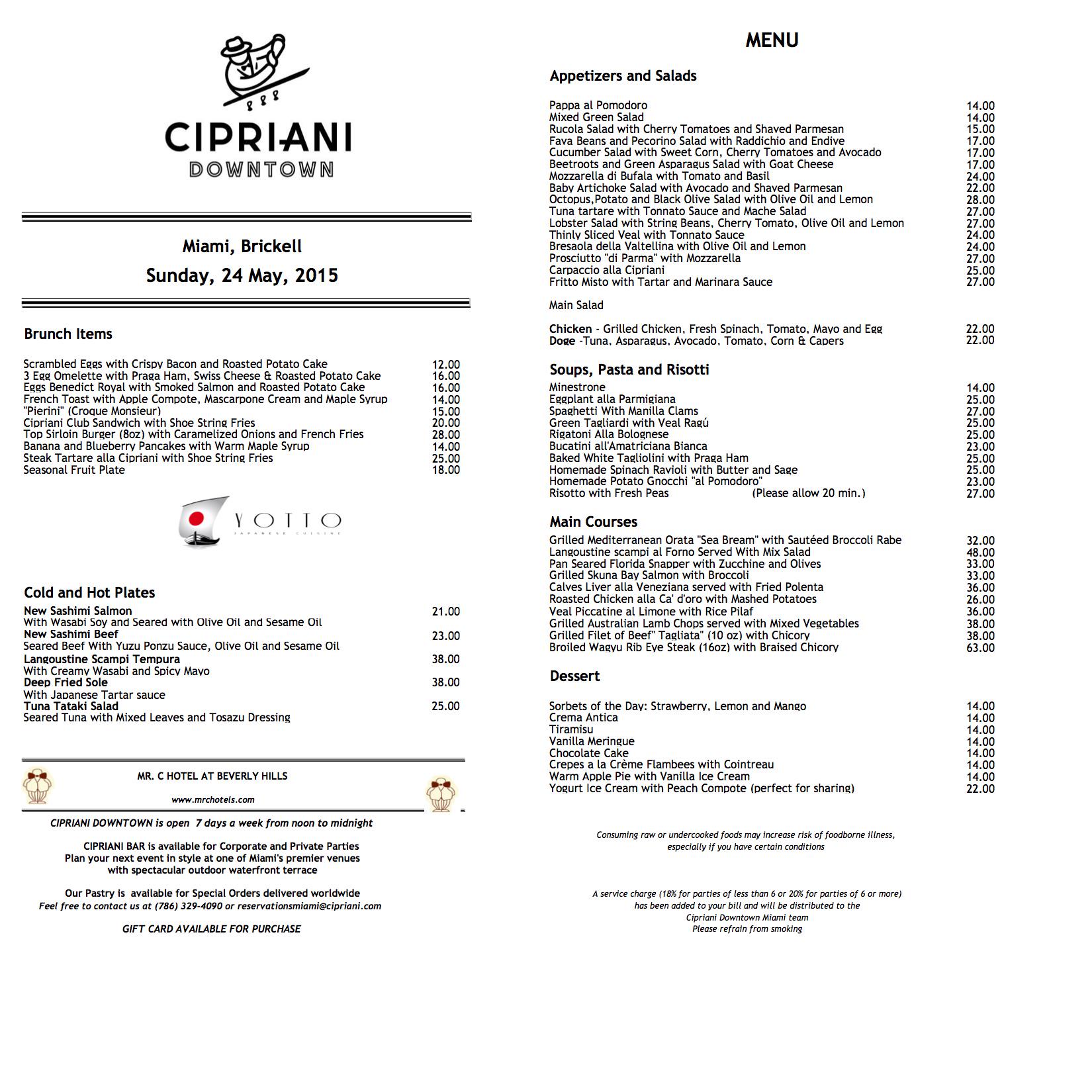 Cipriani menu deals